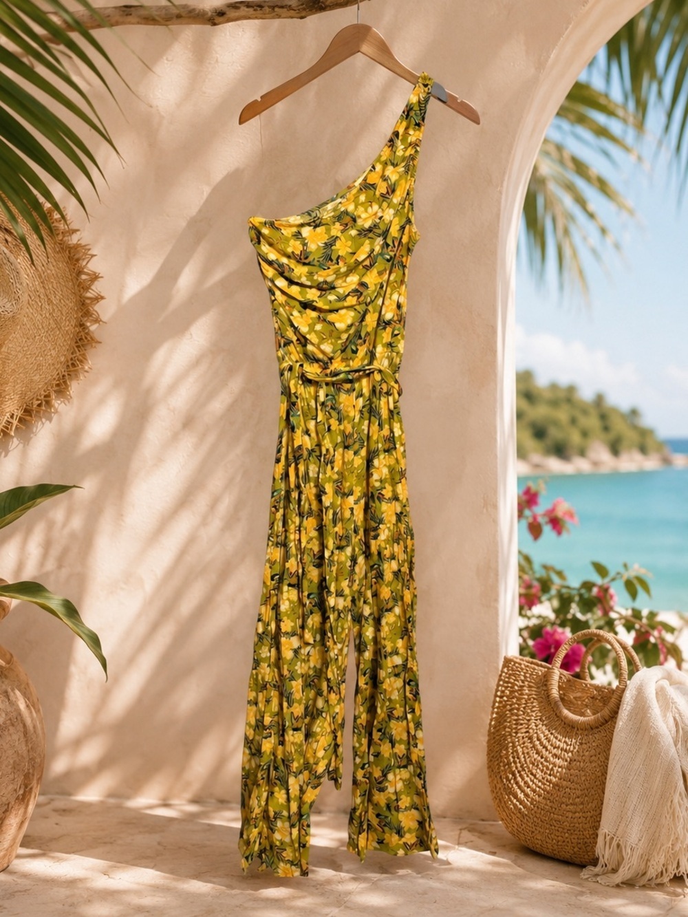 Easel Tropical Floral One Shoulder Wide Leg Jumpsuit Medium Upgraded Belt Inc